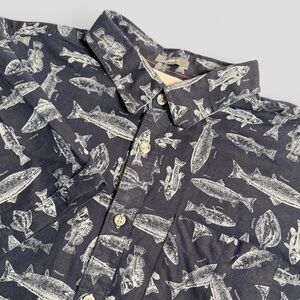 Eddie Bauer Fishing Fish Print Linen Blend Shirt XL Navy Button Up
